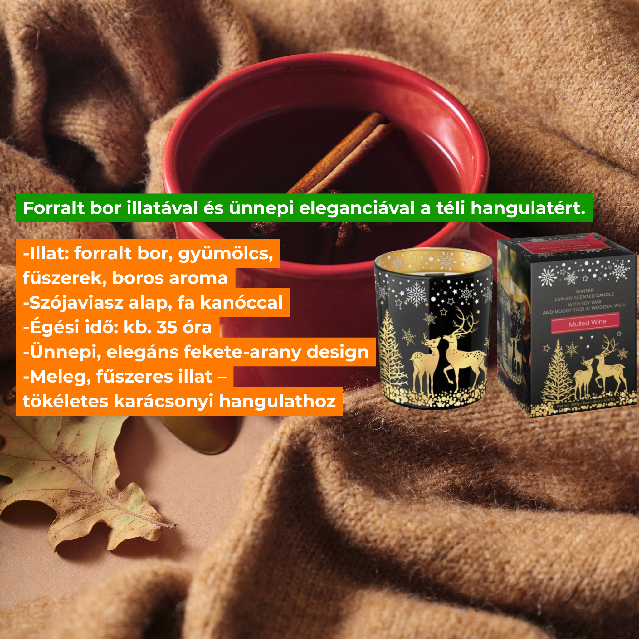 Lumânare parfumată-Premium, ceară de soia Warm Evening Muled Wine 200 g