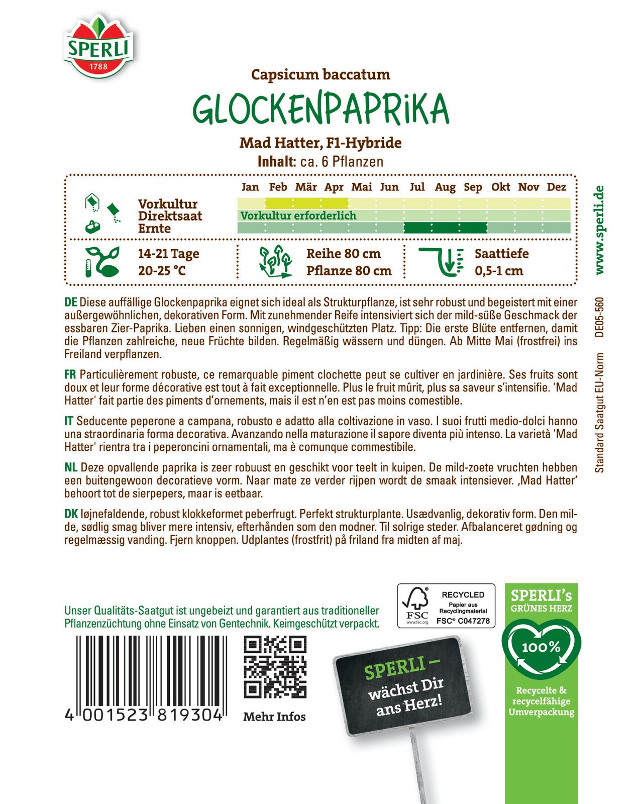 Chilli peppers (medium hot / bell) Mad Hatter 6 grains Sperli