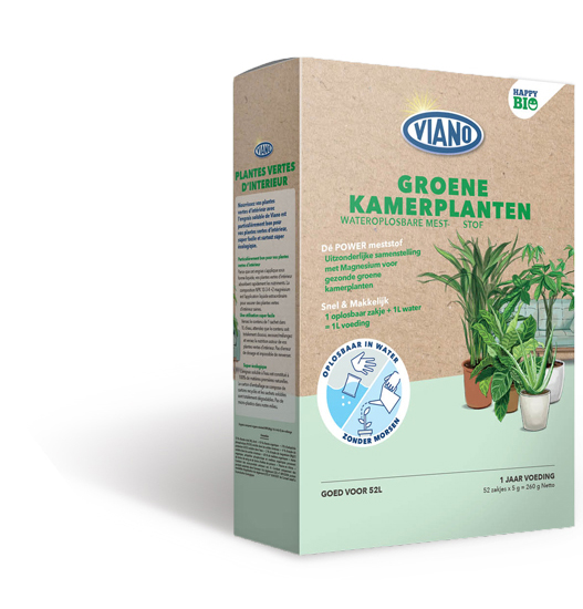 Viano Bio Happy Hrană organică solubilă în apă pentru plante ornamentale cu frunze 8-2-3 + MgO 50x5g