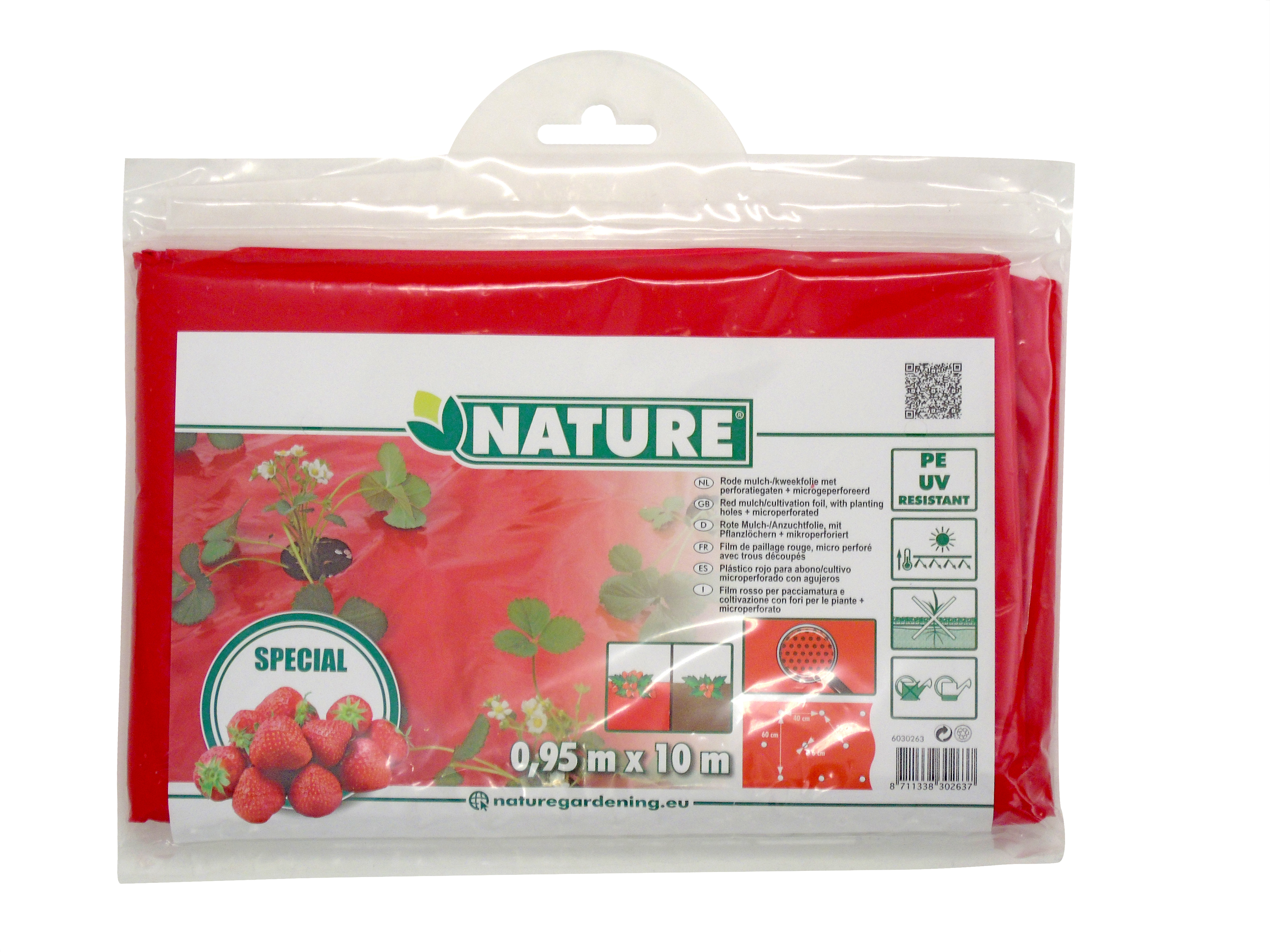 Folie de acoperire pentru căpșuni roșu! 25 micron80x60mm,0,95x10m, cu găuri de plantare