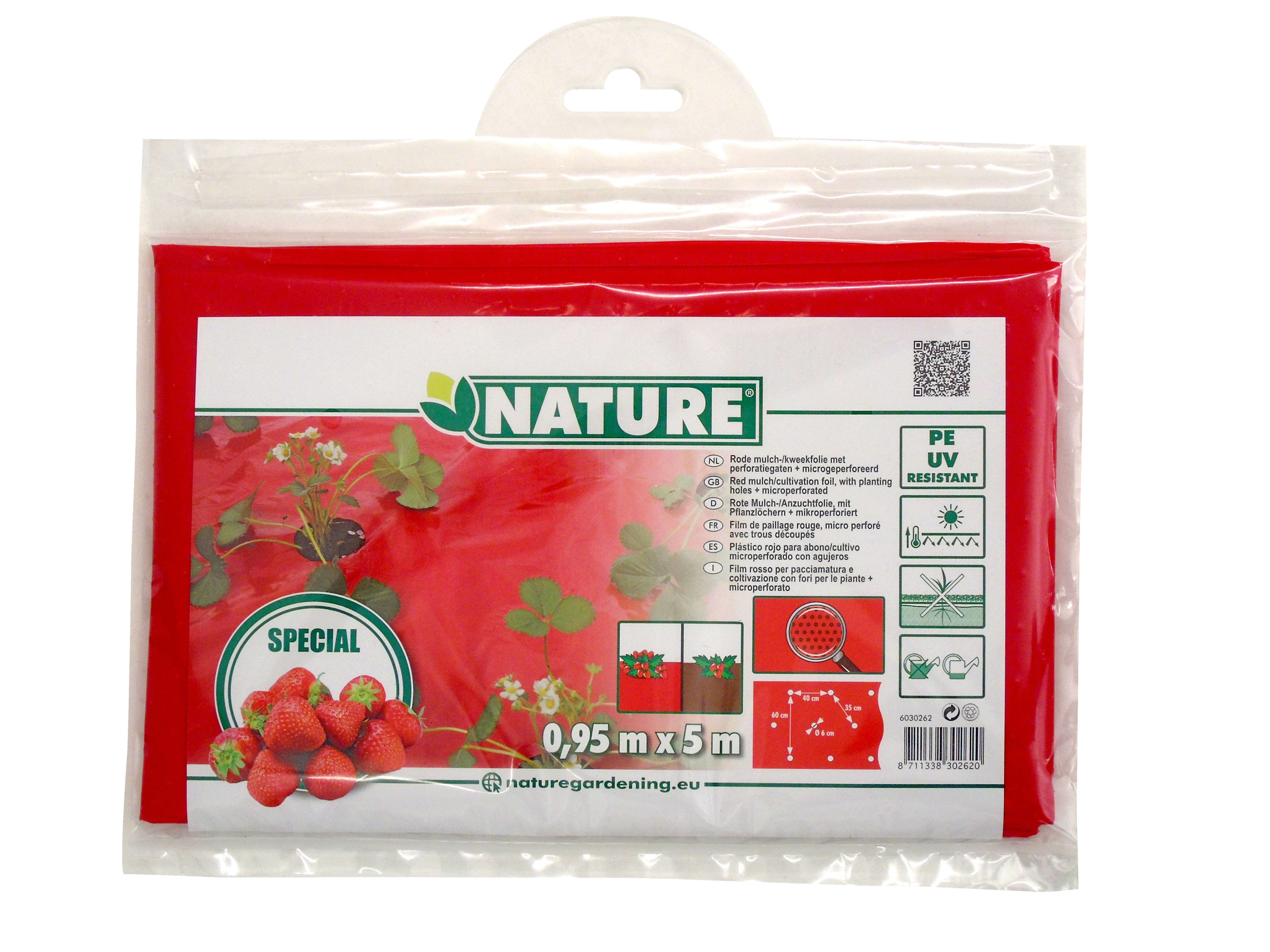 Folie de acoperire pentru căpșuni roșu! 25 micron60x60mm,0,95x5m, cu găuri de plantare